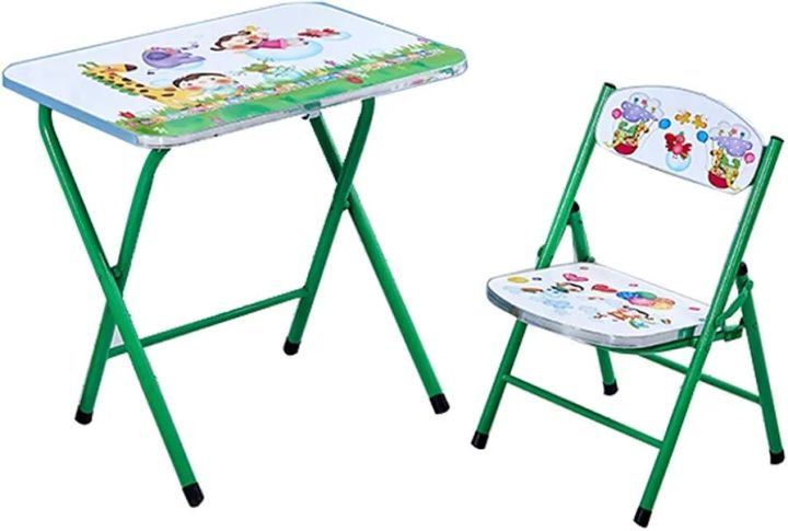 simple folding table and chair, baby cartoon portable activity table, study table, steel frame, children room, playroom furniture, Multicolor