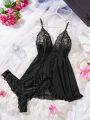  Lace Lingerie Set for Women, Red Sleepwear Nightdress with Matching Panties, V-Neck Sheer Lace Camisole, Romantic Night. 