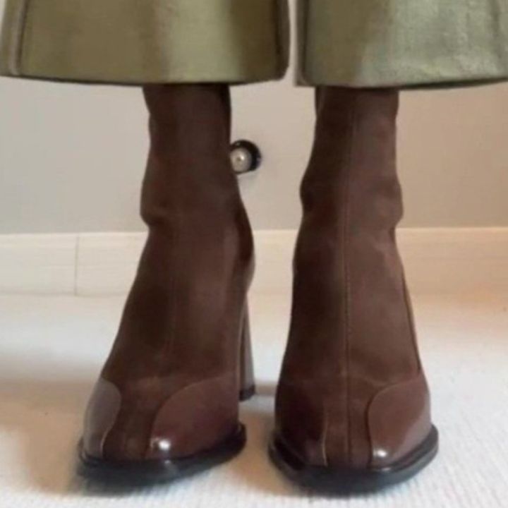 Spliced square Head High-end Chelsea Boots Women 2025 Autumn New French Style with Skirt Lightweight Thick Heel Short Boots