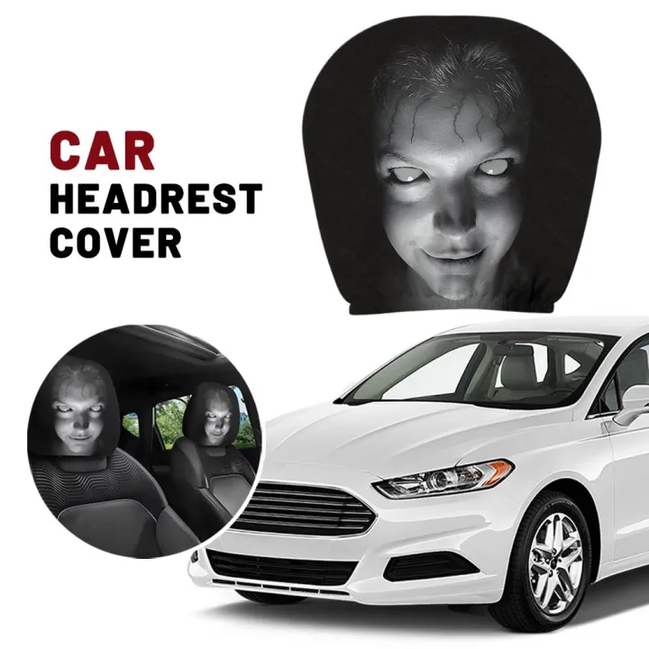 2Pcs Halloween Car Headrest Cover Black Horror Skull Printed Head Rest Cover Elastic Funny Seat Head Pillowcase Car Decor