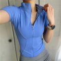 Women Summer Slim Yoga Tops Stand Collar Full Zipper Short Sleeves Shirts Solid Workout Clothes Gym Running Coats Lady Casual. 