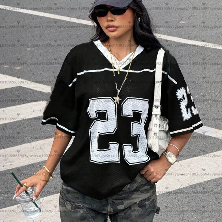 26 Women American Retro 23 Print Lightweight Breathable Mesh fabric V-Neck Short Sleeved baseball T-Shirt Women Jersey T-Shirt