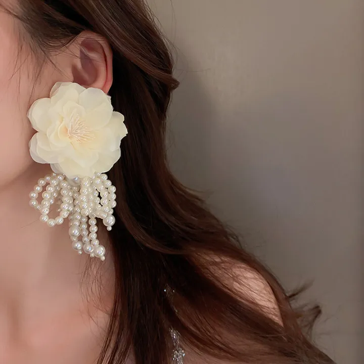 New%20Bohemian%20White%20Pink%20Big%20Cloth%20Flower%20Earrings%20for%20Women%20Statement%20Jewelry%20Handmade%20Pearl%20Bowknot%20Tassel%20Pendientes%20-%20Image%202