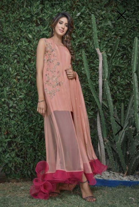 four piece designer ready to wear dress with stitched full net sleeves (medium)