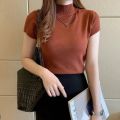 Women's Half-High Neck T-Shirt Fashion Jumper Casual Tops Korean Style Elegant Solid-Coloured Clothing Spring And Summer Season. 