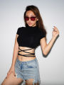 2022 Summer Women Black Short T-Shirts Sexy Crop Tops Short Sleeve Bandage Tee Tops Female Shirts. 
