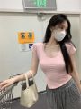 Sexy Slit Niche Design Crop Top Women Square Neck Slim Solid Short Sleeve Tee All-match Korean Popular Summer New Top. 