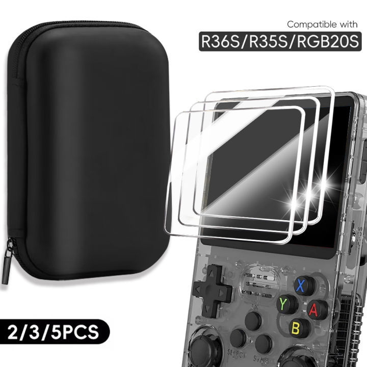 Screen Protector+Portable Carrying Case for R36S Handheld Console Storage Bag & Anti-Scratch Tempered Glass for R36S Accessories