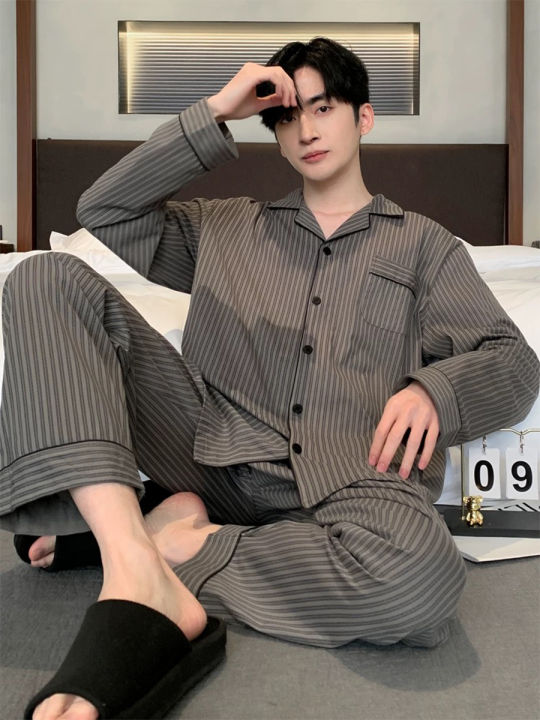 Pajamas%20Spring%20and%20Autumn%20Men's%20Long-Sleeved%20Trousers%20Cardigan%20Loose%20Lapel%20Large%20Size%20Home%20Clothes%20Spring%20Suit%20-%20Image%203