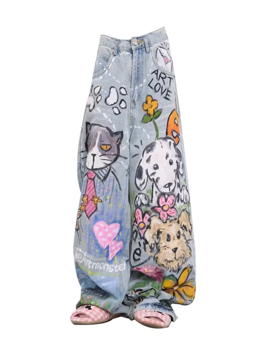 Doodle-printed%20Jeans%20American%20Casual%20Style%20Vintage%20Straight-cut%20Loose-fitting%20High-street%20Wide-leg%20Pants%20Y2k%20Baggy%20Jeans%20Ladies%20-%20Image%202