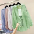 Turn-Down Neck Long Sleeve See-through Thin Shirt And Blouses Loose Women Clothing Casual Solid OL Top 2024 Lady Trend Simple. 