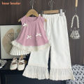 Bear Leader Summer Pink Girls Clothes Bow Decoration Sleeveless Top+Lace Patchwork Pants Fashionable New Easter Children's Set. 