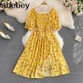 2026 Fashion New Summer Flower Print Long Dress Women Vintage Square Neck Ruched Chest Split Sundress Party Vestidos.