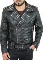 Men’s Studded Black Leather Biker Jacket – Heavy Duty Zippers, Multi Pockets & Belted Motorcycle Style. 