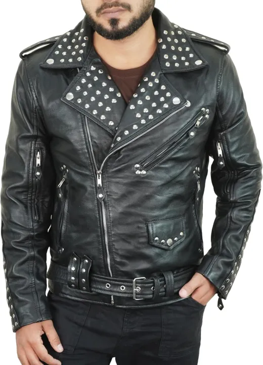 Men%E2%80%99s%20Studded%20Black%20Leather%20Biker%20Jacket%20%E2%80%93%20Heavy%20Duty%20Zippers,%20Multi%20Pockets%20&%20Belted%20Motorcycle%20Style%20-%20Image%204