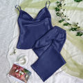 Solid Satin Pajama Set Draped Collar Cami Top Elastic Waistband Pants Women's Sleepwear Loungewear.