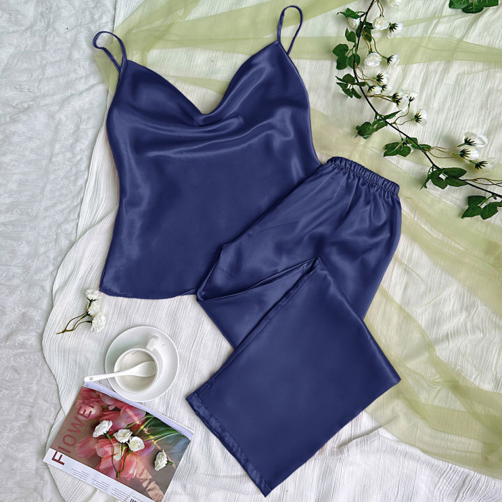 Solid%20Satin%20Pajama%20Set%20%20Draped%20Collar%20Cami%20Top%20%20Elastic%20Waistband%20Pants%20Women's%20Sleepwear%20%20%20Loungewear%20-%20Image%207