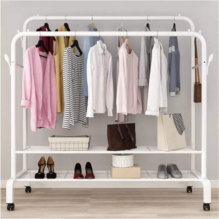Metal Coat Rack And Clothes Hanger Stand With Side Hooks And Bottom Shelves (Requires Self Assemble) - Clothes Hangers