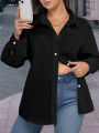 Plus Size Women's Crop Top Shirt Elegant Women's Tie-Front Long-Sleeved Shirt Solid Colour Suitable for Autumn.