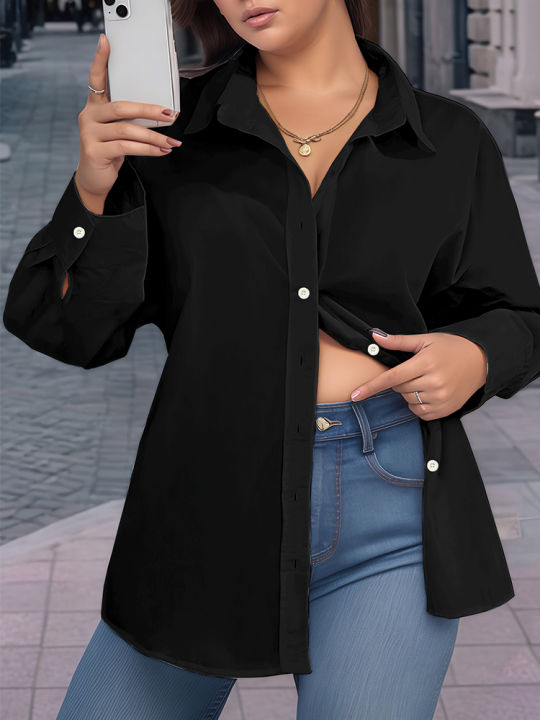 Plus Size Women's Crop Top Shirt Elegant Women's Tie-Front Long-Sleeved Shirt Solid Colour Suitable for Autumn