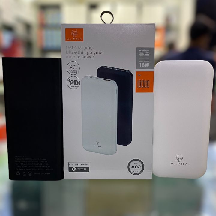 Alpha A02, 10,000 MAH power bank 18 Watt , pd charger 18 watt ,4 light display , single usb pot , type c in/output ,micro in/out ,polymer battery ,super performance , best built quality , compatible all type of mobiles