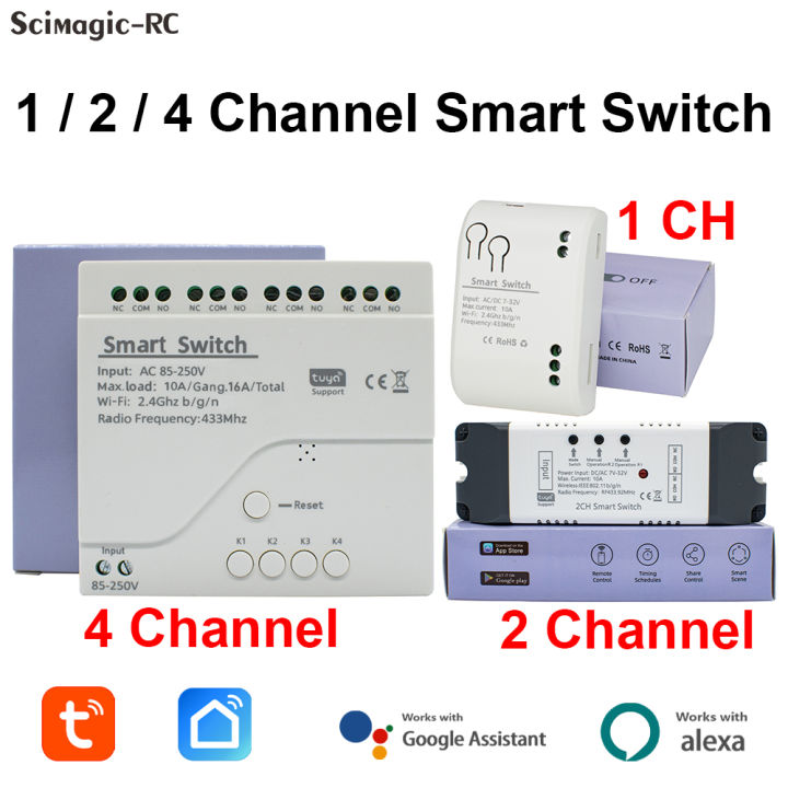 1/2/4 Channel TUYA WiFi Smart Switch Light /Garage Door Controller 12V 24V 110V 220V RF433 Receiver Work with Alexa  Home