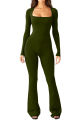 Foreign Trade Women's Long Sleeved Waist Cinching and Waist Lifting Square Collar Wide Leg High Elastic Jumpsuit.