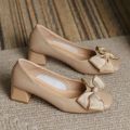 2024 Women 5cm High Heels Elegant Valentine Pumps Female Square Toe Block High Heels Lady Sweet Ribbon Bowknots Barefoot Shoes. 