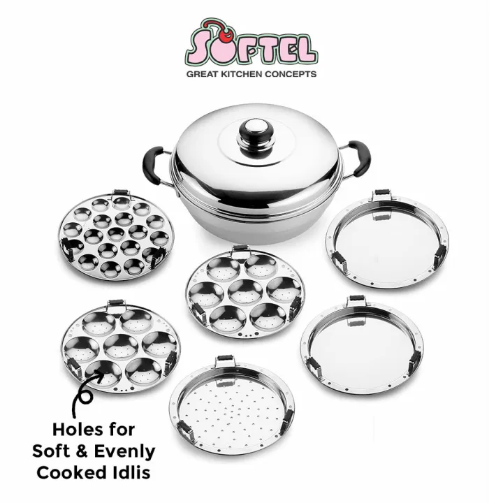 SOFTEL Stainless Steel Multi Kadhai with 6 Plates (Dhokla, Idli, Patra Maker) 18 Gauge Kadhai 28 cm diameter with Lid 4 L capacity  (Stainless Steel, Induction Bottom)