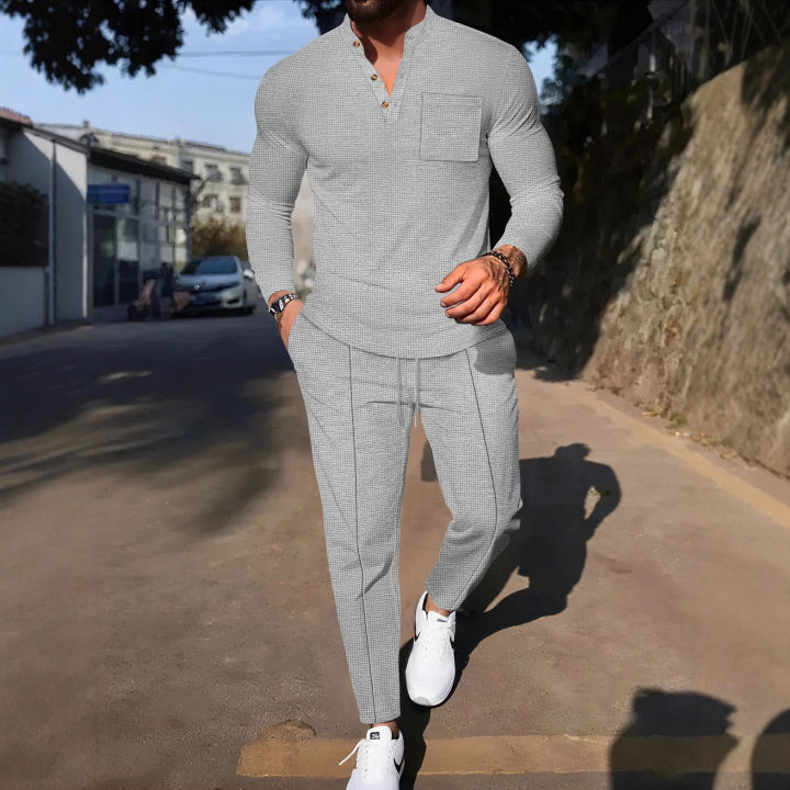 Men's%20Waffle%20Check%20Stand-Up%20Collar%20Semi-Casual%20Business%20Suit%20Button-Down%20Top%20with%20Comfortable%20Trousers%20Have%201/2%20Pieces%20-%20Image%204