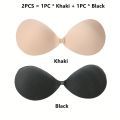 Women Invisible Push Up Bra, Bust Front Closure Sticky Bra, Backless Strapless Bra, 2PCS, Black and Khaki.