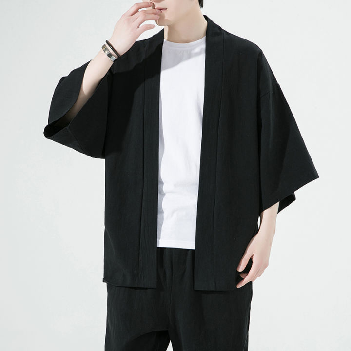 Men's%20Japanese%20Kimono%20Cardigan%20Loose%20Cotton%20Linen%203/4%20Sleeve%20Open%20Front%20Casual%20Summer%20Shirt%20Jackets%20-%20Image%207