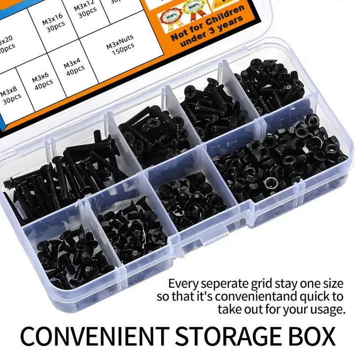 380Pcs%20M3%20Flat%20Head%20Machine%20Screws%20and%20Hex%20Nuts%20Kit%20Black%20Countersunk%20Head%20Phillips%20Screws%20Bolts%20Nuts%20Assortment%20Kit%20-%20Image%205