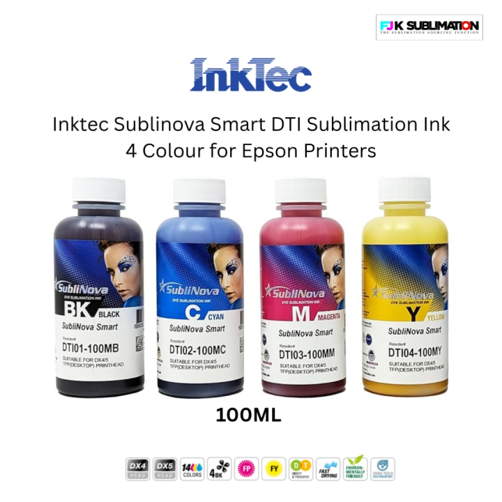 Ink Tec Sublinova Smart DTI Dye Sublimation Inks – 6 Colour Set (C, M, Y, K, LC, LM) – 100ml Bottles for Epson Printers