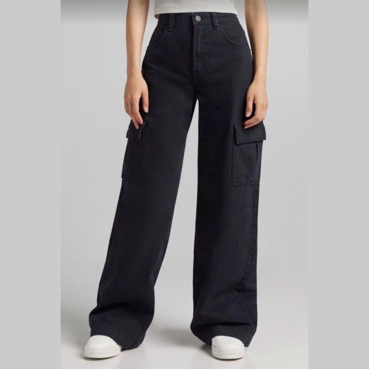 Women’s Black Wide Leg 6 Pockets Cargo Denim Jeans | High Waist Baggy ...