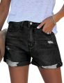 Factory direct sales women's summer shorts loose straight cylinder wide leg roll edge worn blue black cotton for women. 