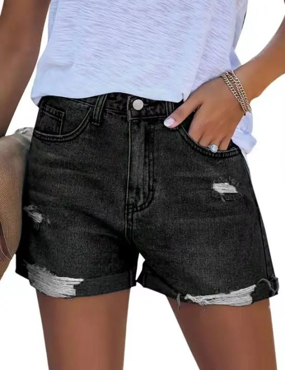 Factory%20direct%20sales%20women's%20summer%20shorts%20loose%20straight%20cylinder%20wide%20leg%20roll%20edge%20worn%20blue%20black%20cotton%20for%20women%20-%20Image%207