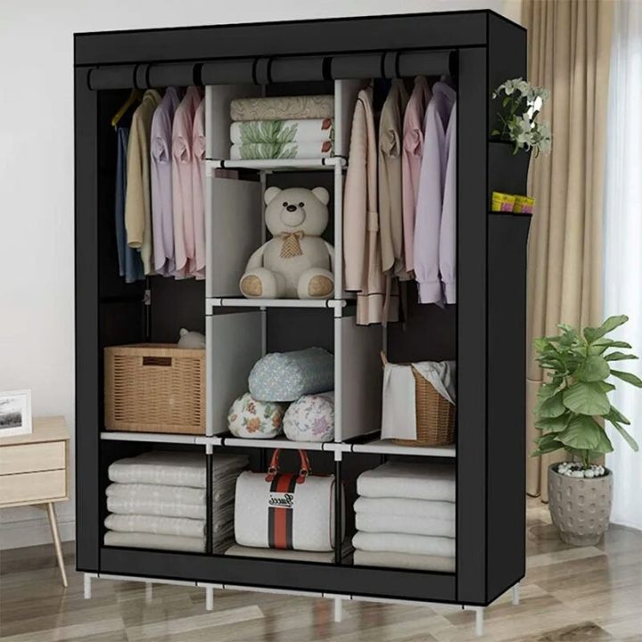 Portable Closet Wardrobe for Hanging Clothes with 2 Hanging Rods and 8 Storage Organizer