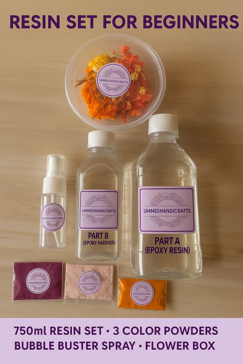 UmmesHandicrafts Resin Kit for Beginners – 750ml Epoxy Resin Set with Hardener, Color Powders, Bubble Buster & Flower Box | DIY Craft Starter Pack