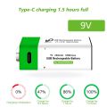 9V 650mAh Type-C Rechargeable Lithium Battery- 1 ps. 