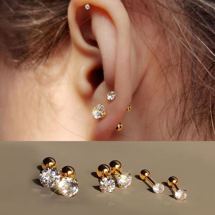 3Pairs Classic Round Cubic Zirconia Stud Earrings For Women Stainless Steel Women's Screw Earrings Tragus Piercing Jewelry