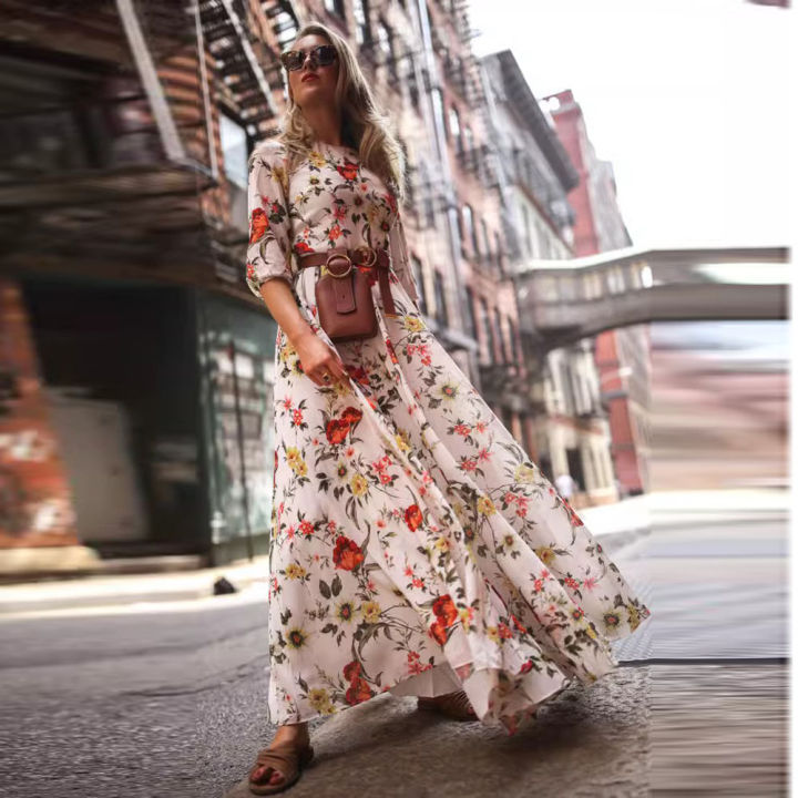 Nauwsluitende%20Bedrukte%20Jurk%20Elegante%20%20Maxi%20Jurk%20Voor%20Vrouwen%20A-Lijn%20Silhouet%20Hoge%20Taille%20Ontwerp%20Halve%20Mouw%20Detail%20Voor%20De%20-%20Image%205