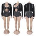 Sparkly Diamonds 3 Piece Short Sets Woman Outfits Rhinestones Luxury Birthday Cropped Jacket Top and Bra and Shorts Set Clubwear. 