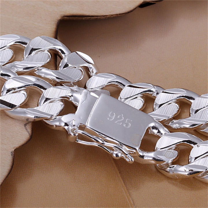 New High-end Women's Mens Fine Silver Color Bracelet Fashion Jewelry  Men's 10MM Square Beautiful Gem