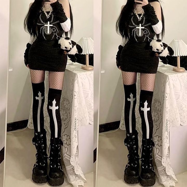 Japanese%20Harajuku%20Long%20Socks%20Festival%20Party%20Cross%20Cosplay%20Black%20Stockings%20Dark%20Gothic%20Y2K%20Knee%20Thigh%20Socks%20for%20Women's%20Skirts%20-%20Image%205