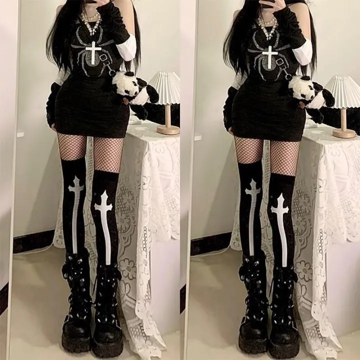 Japanese%20Harajuku%20Long%20Socks%20Festival%20Party%20Cross%20Cosplay%20Black%20Stockings%20Dark%20Gothic%20Y2K%20Knee%20Thigh%20Socks%20for%20Women's%20Skirts%20-%20Image%205