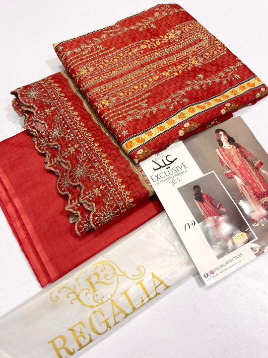 Brand 💯 Original Regalia Fabric lawn 100/110 Fabric-Quality guaranteed Fabric-Colour guaranteed Dupatta: Digital print cutwork emb* Shirt: Digital print neck embroidered + daman boring  lawn* Trouser: Dyed Lawn* Available in 10 Different Colours