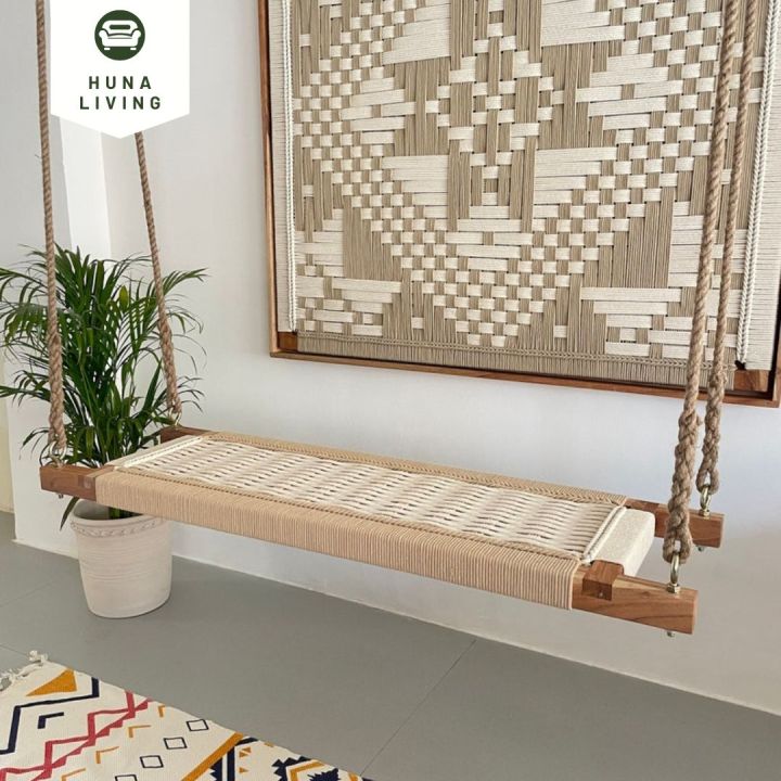 Modern Hand Woven Diyar wood Swing, Wooden Indoor & Outdoor , Living room Swing, with hanging hooks and rope