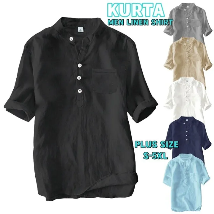 Men's%20Plus%20Size%20Kurta%20T-Shirt%20Linen%20Short%20Sleeve%20Plain%20Shirt%20Casual%20Muslimah%20Raya%20Shirts%20Tops%20Baju%20Kemeja%20Lelaki%20Berkolar%20-%20Image%204
