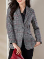 Wool Peak Lapel Tartan Single-Button Slim-Fit Blazer - Commuter Professional High-End Stylish Elegant Designed Suit Jacket.